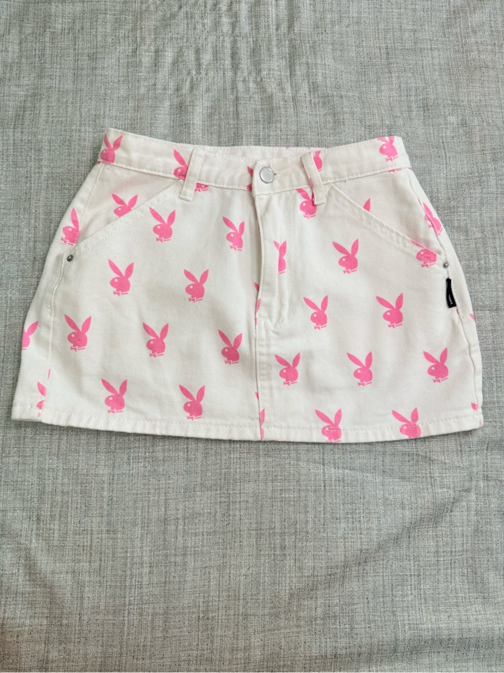 Playboy x Missguided White Pink Bunny Print Denim Mini Skirt Size XS